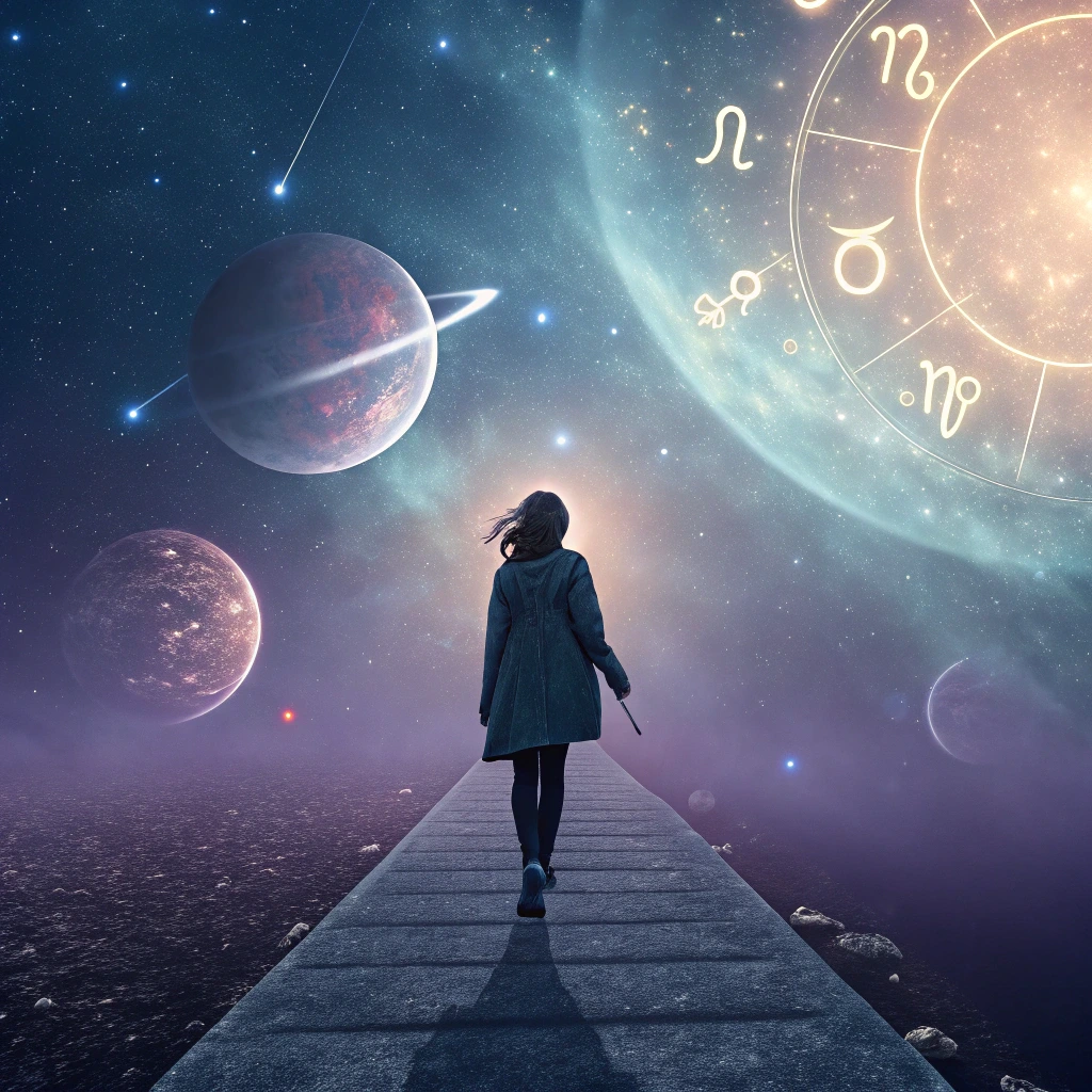 Mujer explorando su carta astral en un ambiente espiritual